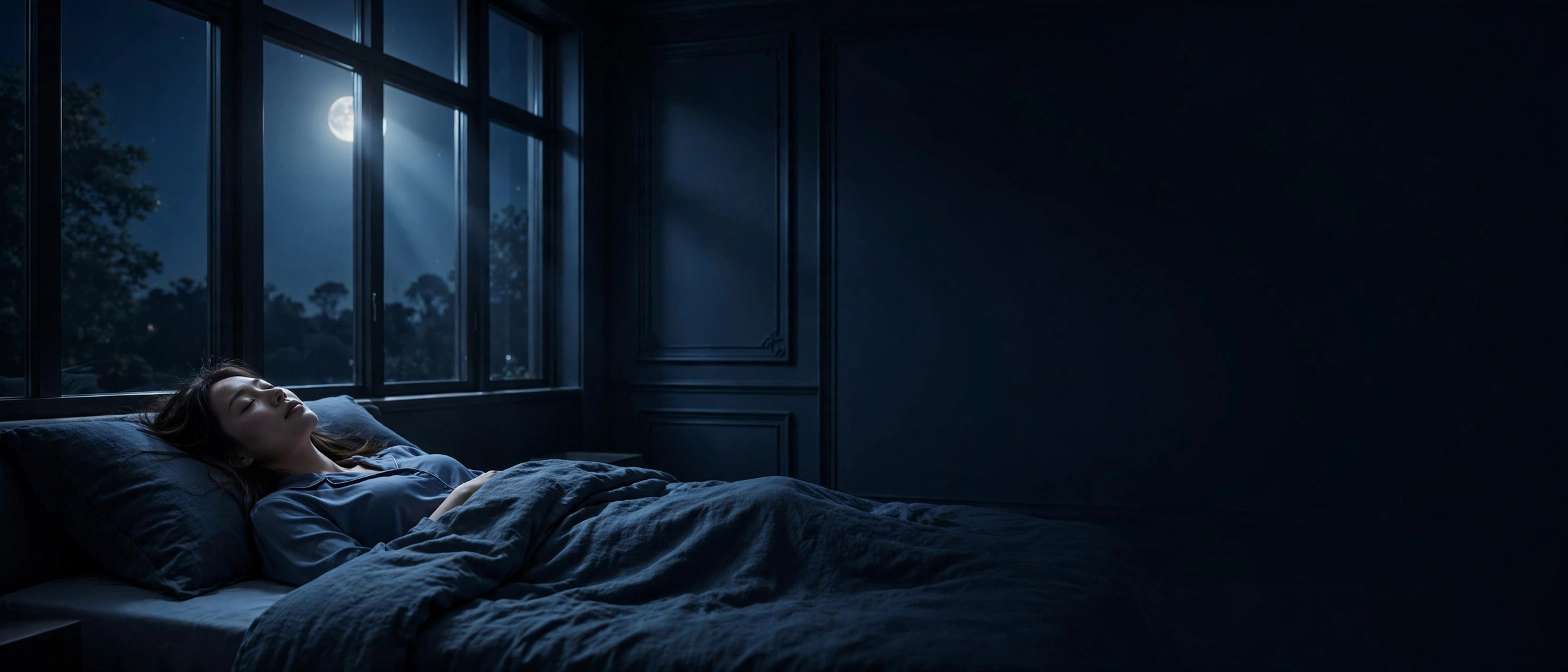 Woman sleeping peacefully on her back in a moonlit navy bedroom